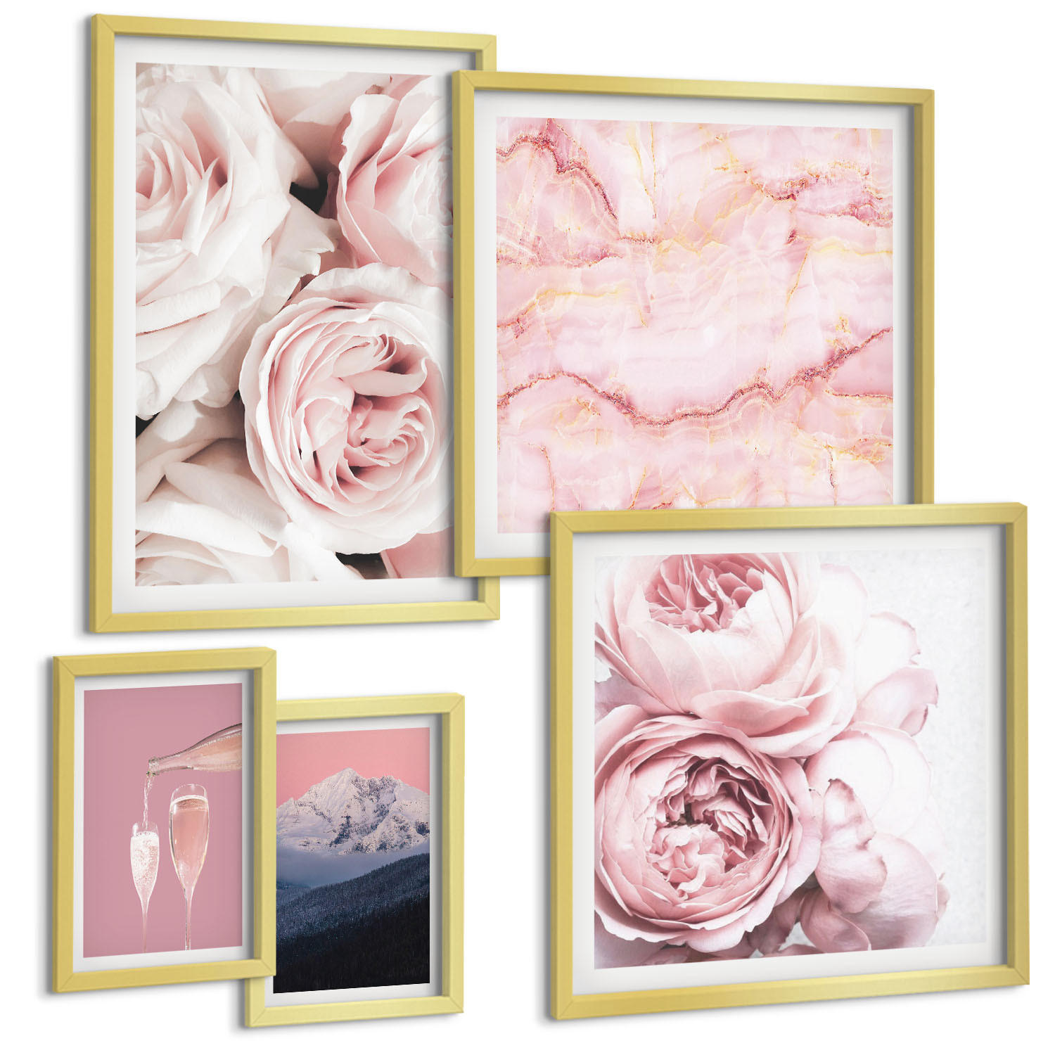 BILDER SET 5er Set - 50x50 cm & 20x30 cm & 40x60 cm Goldrahmen - Eiffels Porträt einer Frau mit Rosen - Goldfarben, Kunststoff (40/60cm) - TULUP