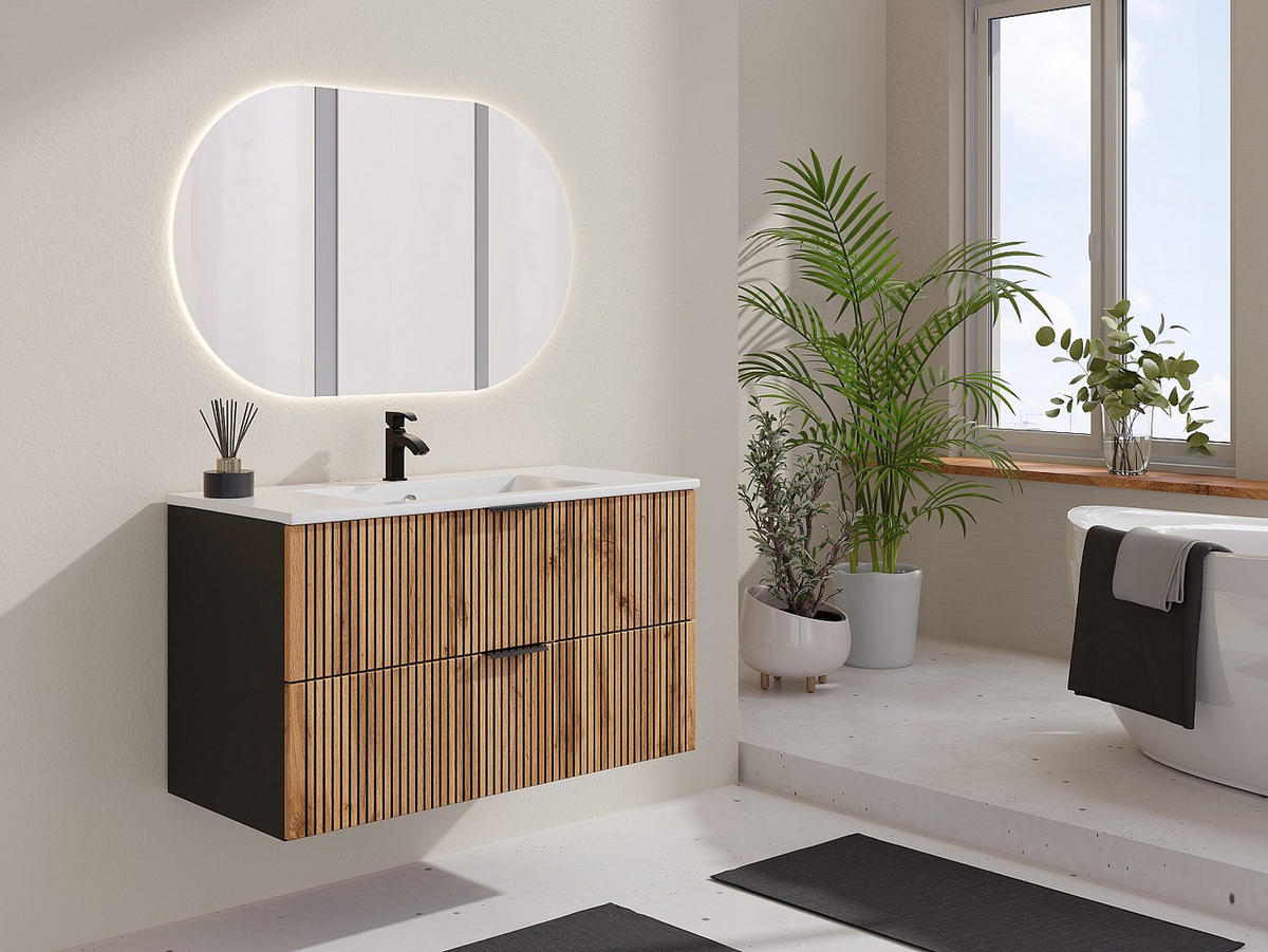 EINZELWASCHTISCH - 100cm x 46cm - MDF - schwarz, naturfarben hell - MADELA - Schwarz, Holz (100/57/46cm) - Vente-Unique