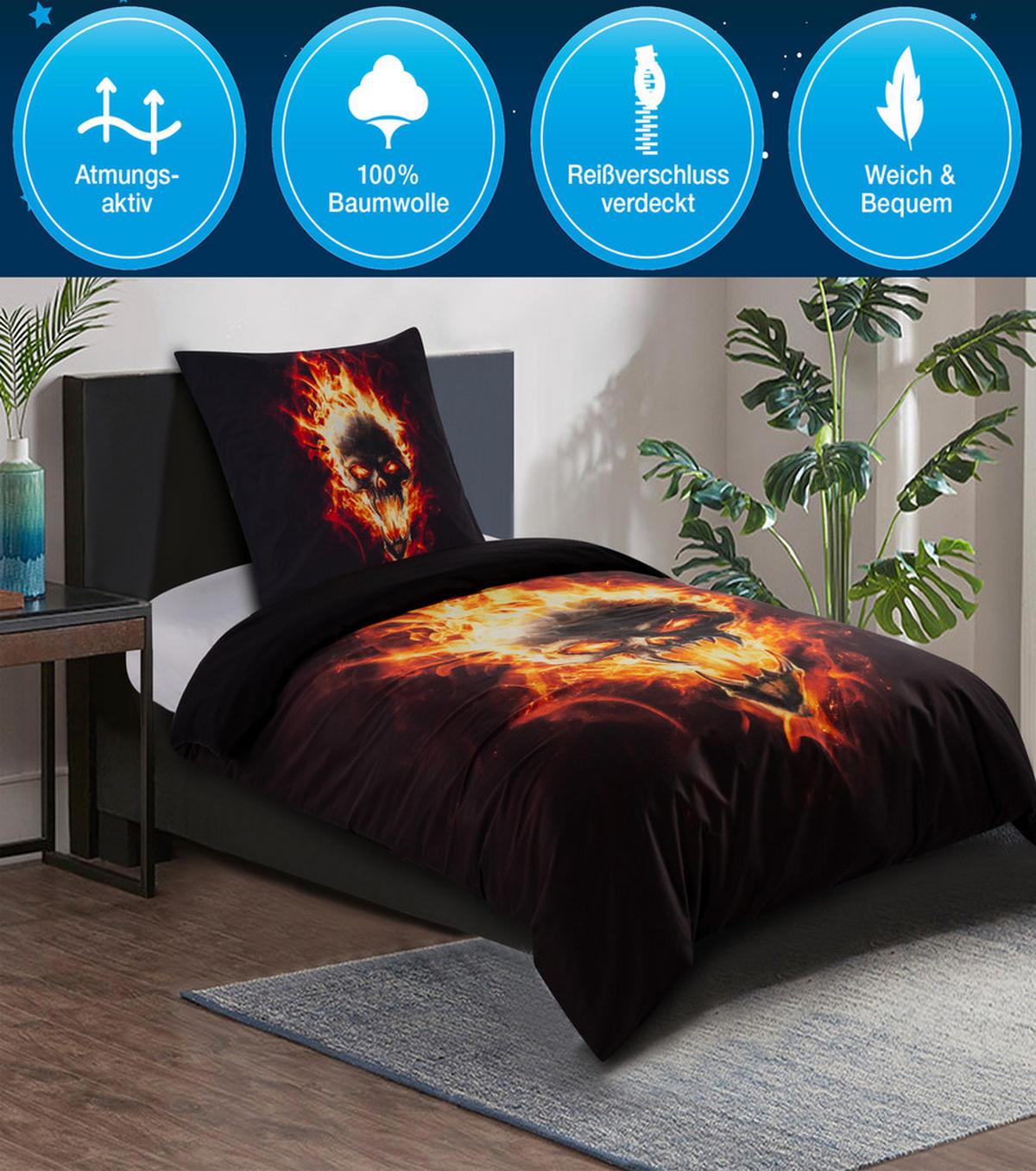 BETTWÄSCHE 2-teilig Totenkopf in Flammen - Braun, Naturmaterialien (135/200cm) - Sanilo