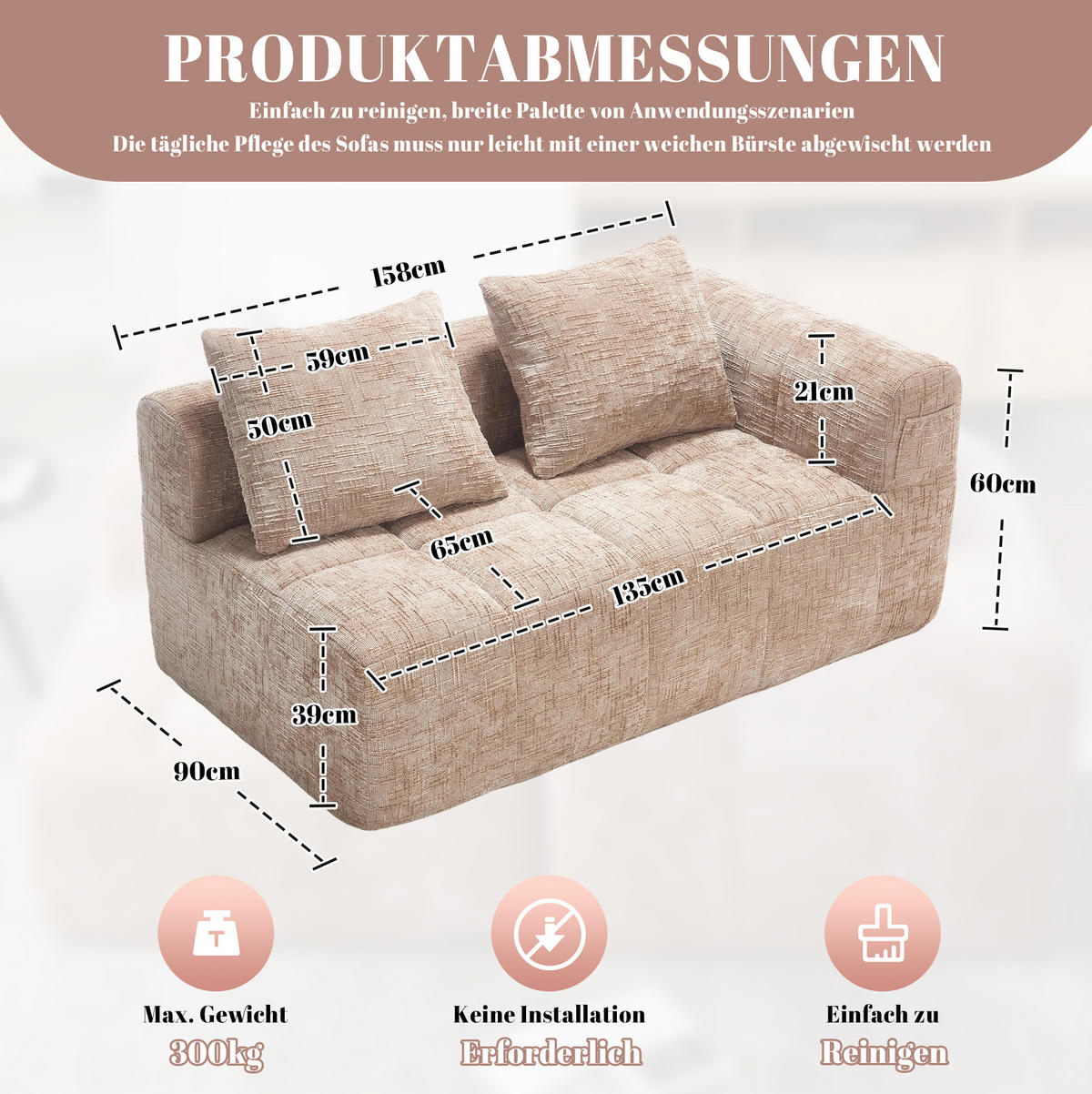 SOFA mit Seitentaschen 158 x 90 cm Chenille Khaki - Braun, Kunststoff (158/60/90cm) - Meubliv