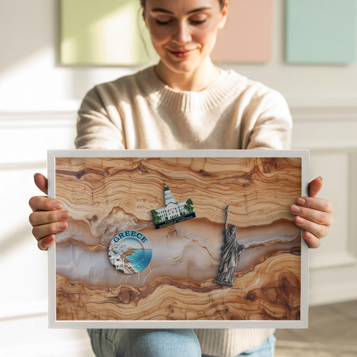 MAGNETTAFEL 60x40 cm Weißer Rahmen Holzstruktur Mit Harz - Nussbaumfarben, Metall (60/50/0.4cm) - TULUP