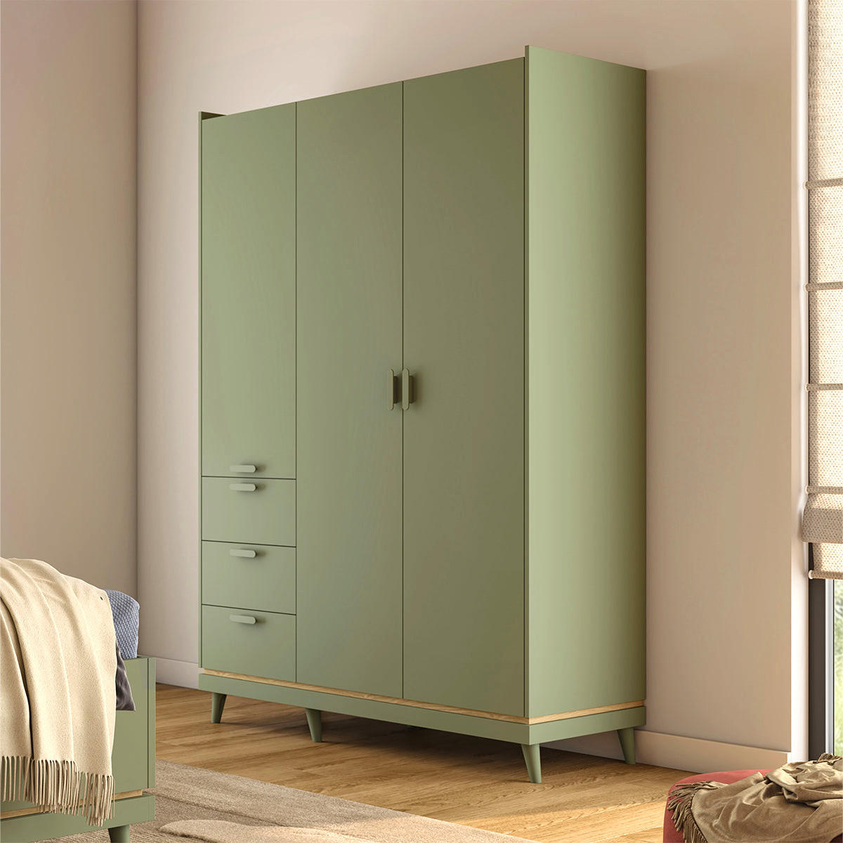 KLEIDERSCHRANK 3 Türen Sandy Grün - Grün, Holzwerkstoff (143.5/214.5/57.4cm) - Petits-meubles