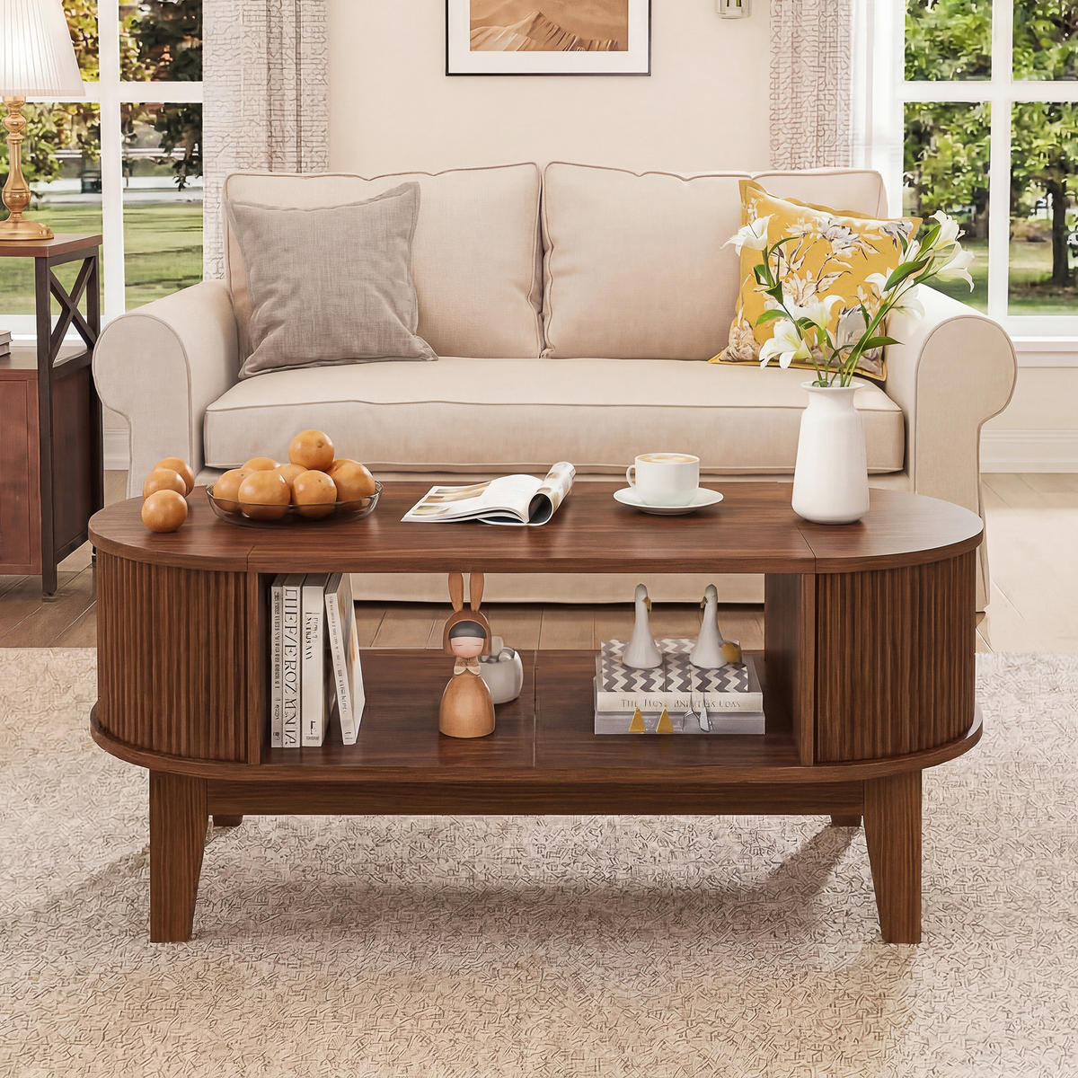 COUCHTISCH Nussbaum-Optik mit Klappdeckeln & Stauraum - Walnussfarben, Holz (100/50/50.4cm) - SHOPENTRA