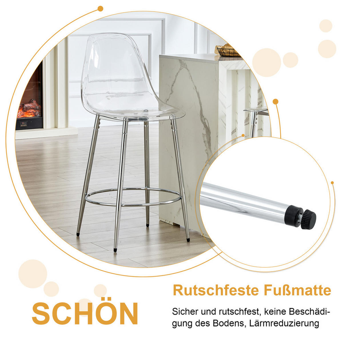 TISCHGRUPPE 3-tlg Glastisch 89 cm mit 2 transparenten Barhockern Silber - Silberfarben, Metall (93.5/5.5/93.5cm) - Raelunyi