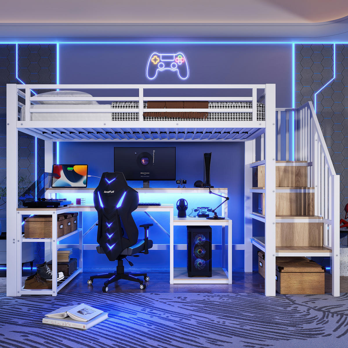 HOCHBETT 90x200cm Weiß Metall LED-Licht Schreibtisch USB - Weiß, Metall (90/200cm) - FLIEKS