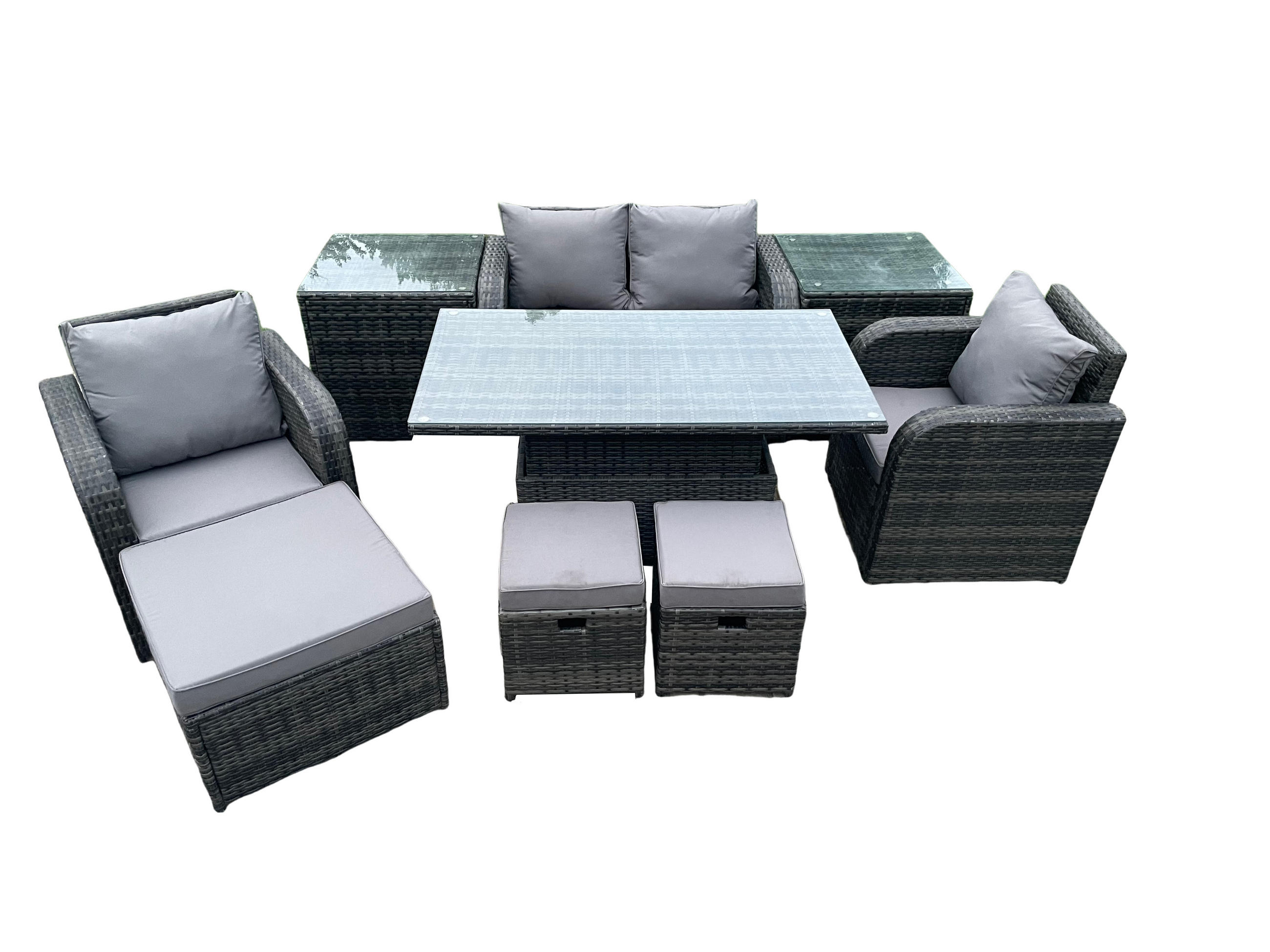 GARTENMÖBEL SET Polyrattan 7-Sitzer - Dunkelgrau/Grau, Glas/Kunststoff - Fimous