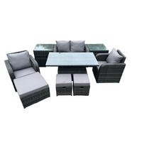 GARTENMÖBEL SET Polyrattan 7-Sitzer - Dunkelgrau/Grau, Glas/Kunststoff - Fimous