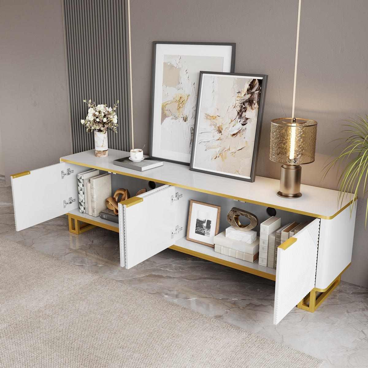TV-ELEMENT160X37,5X48CM WeißGold mit geometrischem Design und 4 Türen - Weiß, Holz (45.09/14.61/175.26cm) - Raelunyi