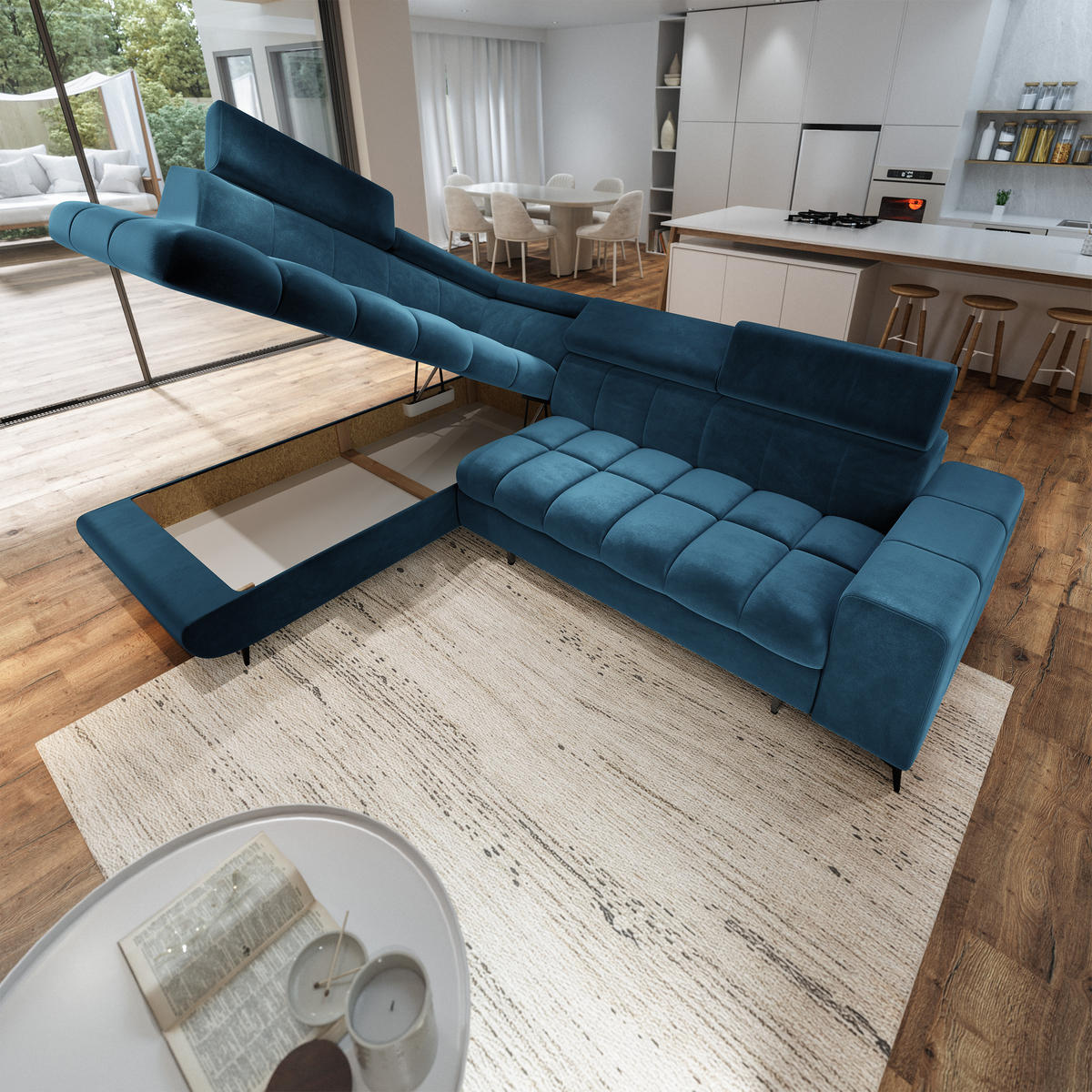 ECKSOFA MORIVA L-S Blau Velours-Stoff mit Schlaffunktion - Blau, Holz (253/190cm) - MASSENO