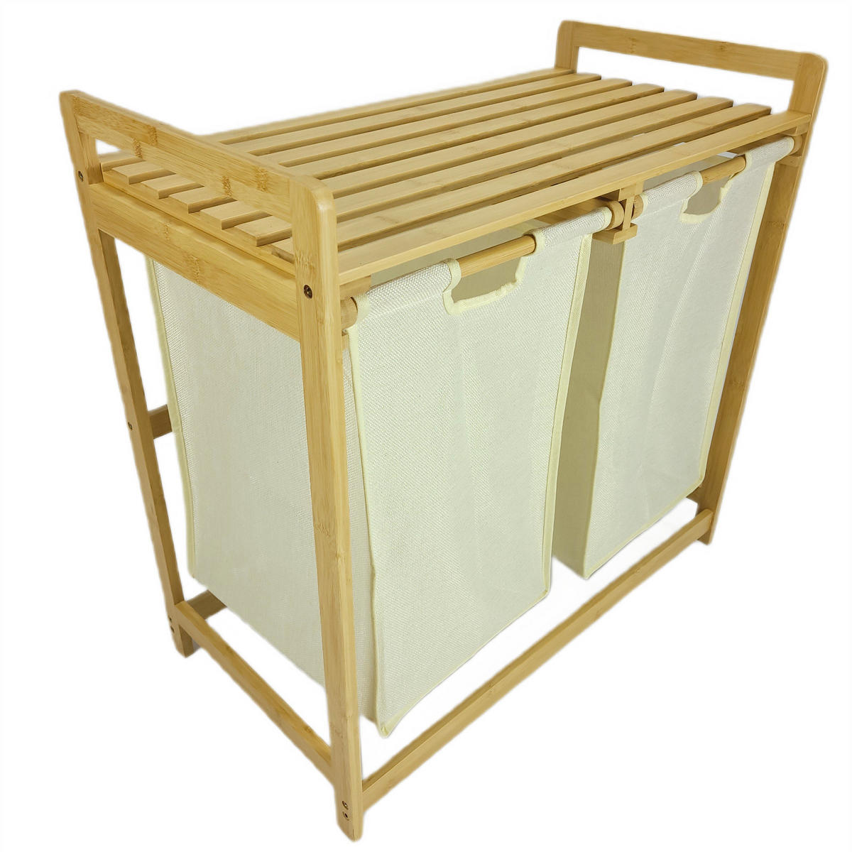 WÄSCHEKORB Bambus Textil Beige Naturfarben 2 Kammern 70x35x68 cm - Beige/Naturfarben, Holz/Textil (70/68/36.5cm) - Begryf