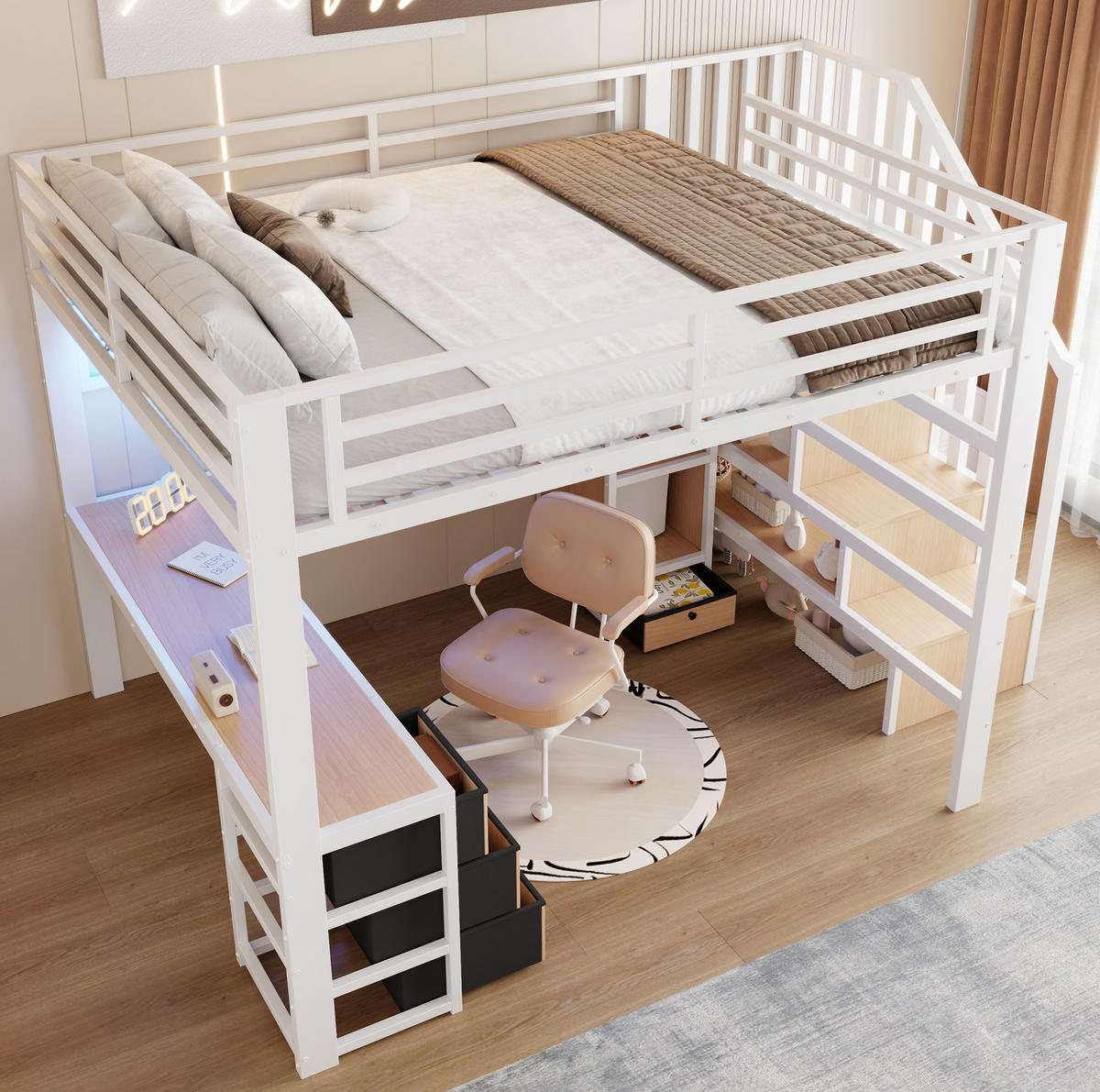 HOCHBETT 140/200 cm Weiß mit LED und Schreibtisch - Weiß, Metall (140/200cm) - MIVRAY