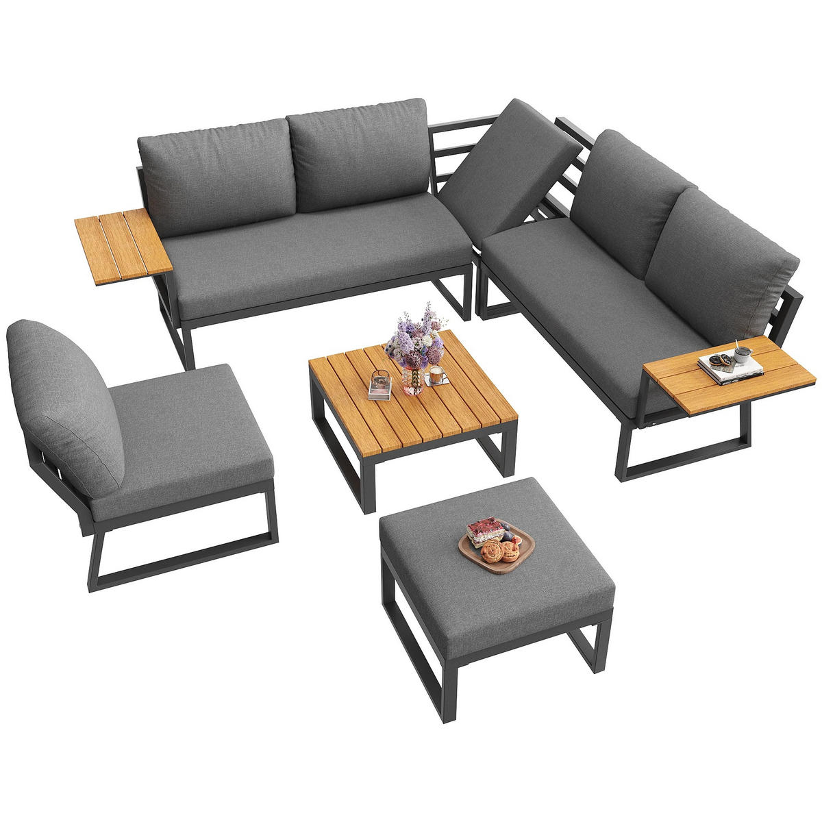DINING-LOUNGESET L-Shaped 7-Person, inkl. Tisch & Hocker - Beige, Textil - Kaket