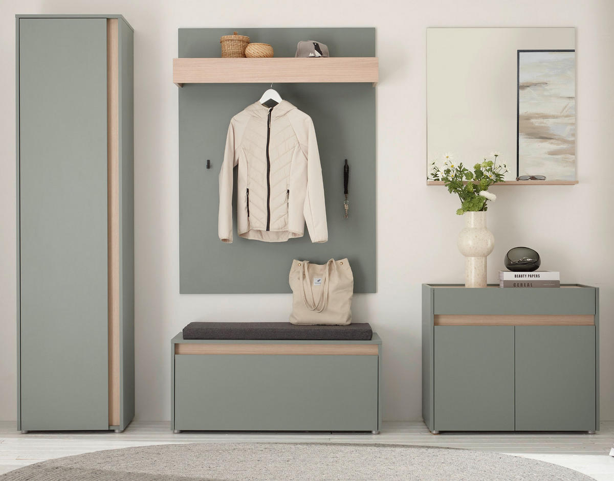 GARDEROBEN-SET Salbei grün, Barista Eiche 6-teilig, Garderobenkombination 260 cm Center - Salbeigrün/Eichefarben, Glas/Holz (260/200/40cm) - Furn.Design