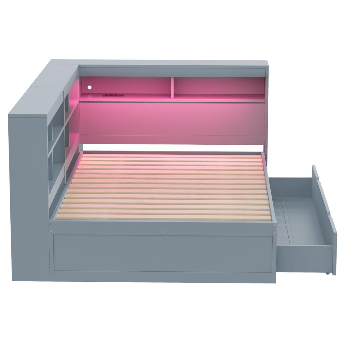 RAHMENBETT LED-Massivholzsofa 140/200 cm Grau mit Stauraum USB-Anschluss - Grau, Holz (140/200cm) - OKWISH