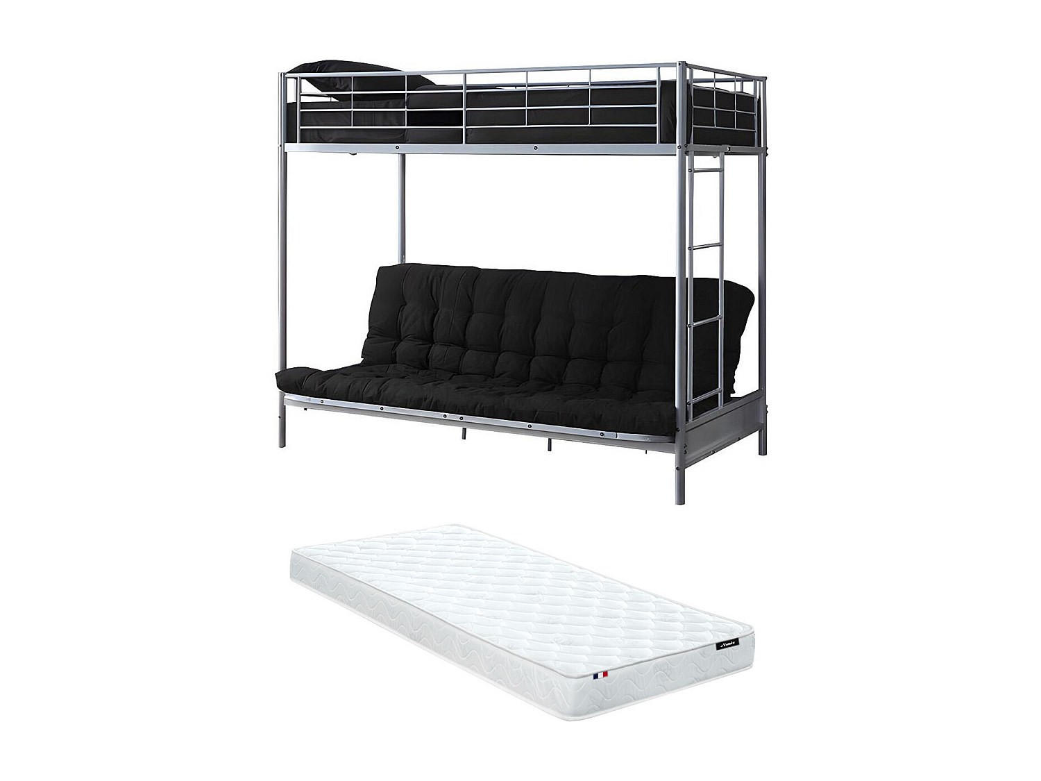 HOCHBETT mit Schlafsofa + Futonmatratze + Matratze - 90 x 190 cm - Metall - Silberfarben & Schwarz - MODULO IV - Silberfarben, Metall - Vente-Unique