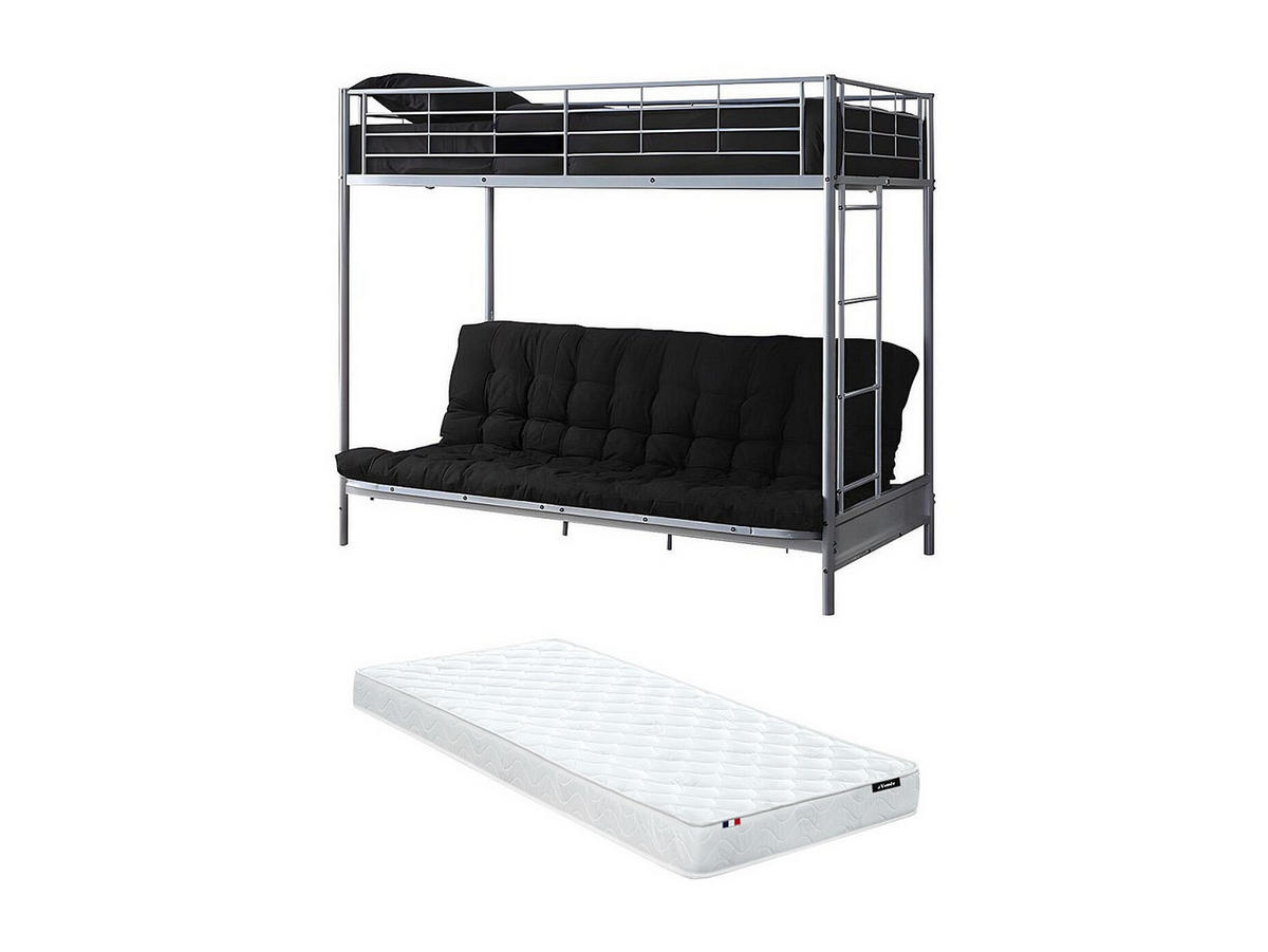 HOCHBETT mit Schlafsofa + Futonmatratze + Matratze - 90 x 190 cm - Metall - Silberfarben & Schwarz - MODULO IV - Silberfarben, Metall - Vente-Unique
