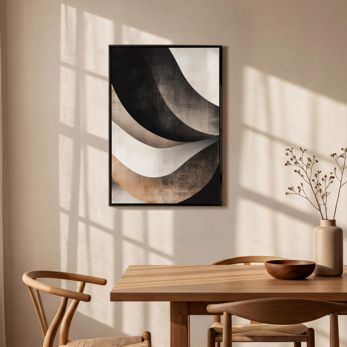 LEINWAND Bilder mit Rahmen - Abstrakt - Wellen - Schwarz - Verwittert - 60x90 - Trüffeleichefarben, Textil (60/90cm) - MuchoWow