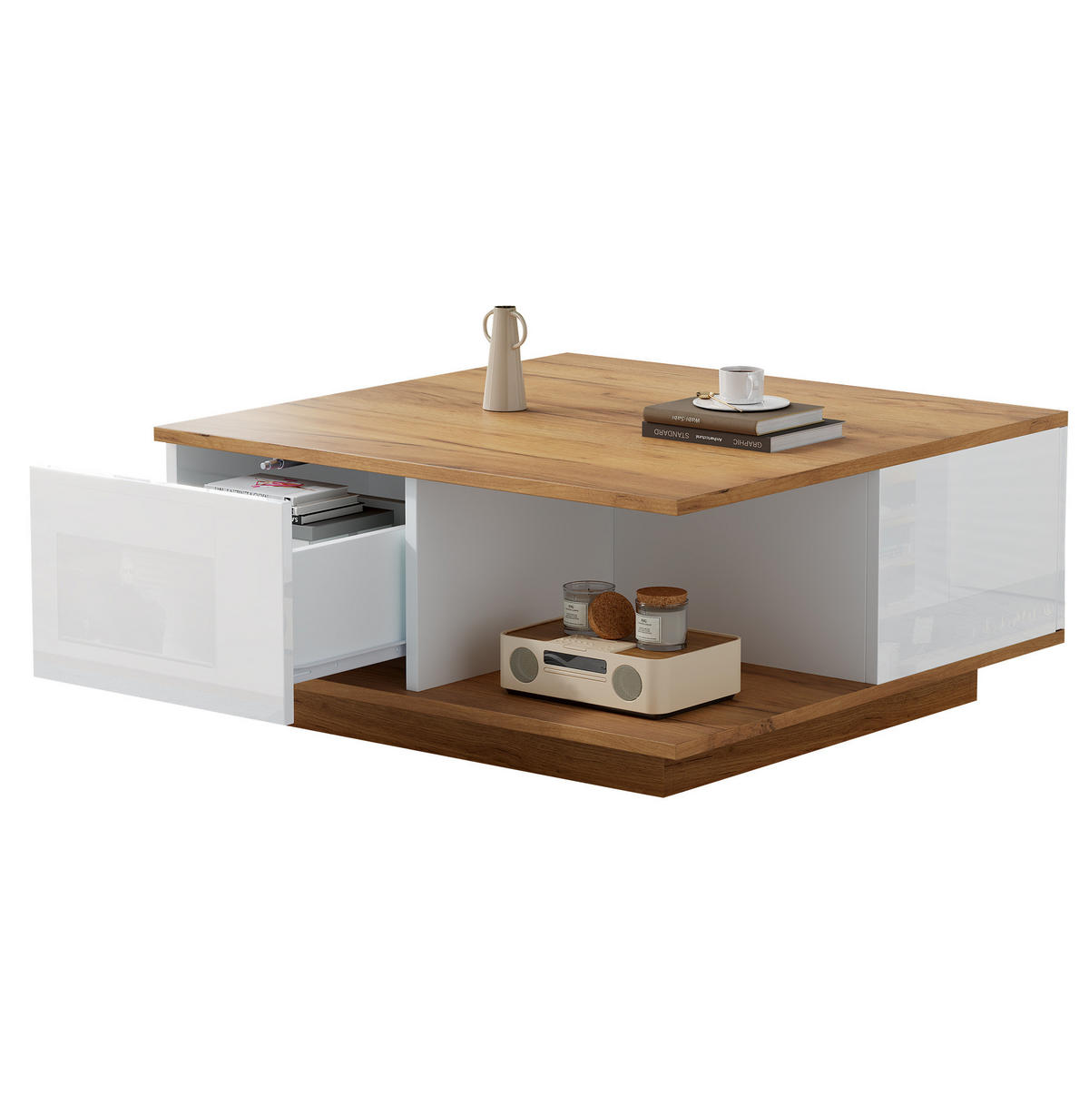 COUCHTISCH aus Spanplatte 70x70x31,5 cm Weiß/Walnuss mit 3 Schubladen und offenem Stauraum - Walnussfarben, Holzwerkstoff (70/70/31.5cm) - IVMEU