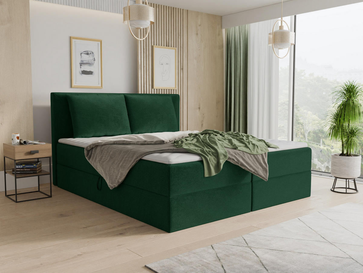 BOXBETT Egro - 140x200 - grün (Kronos 19, Velvet) - Schwarz/Grün, Holz/Holzwerkstoff (140/200cm) - Sofnet