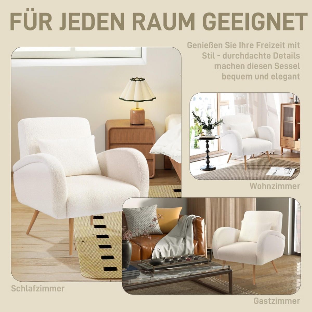 SESSEL Fleece Cremeweiß mit Lendenkissen - Weiß, Holzwerkstoff/Textil (77/83/77cm) - WISHDOR