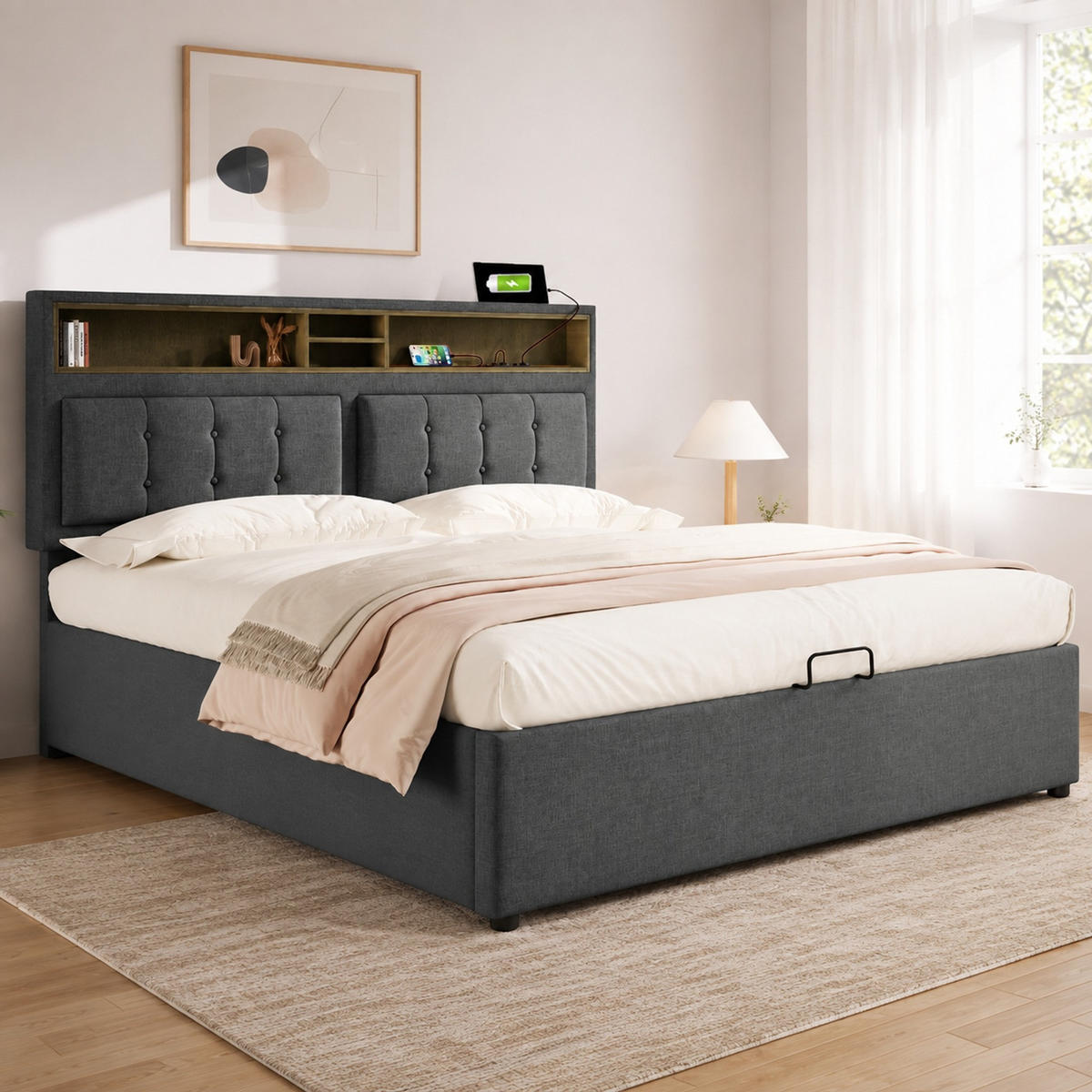 POLSTERBETT 140/200 mit Bettkasten, USB-C und verstellbarem Kopfteil - Grau, Holzwerkstoff/Textil (140/200cm) - EVRYAE