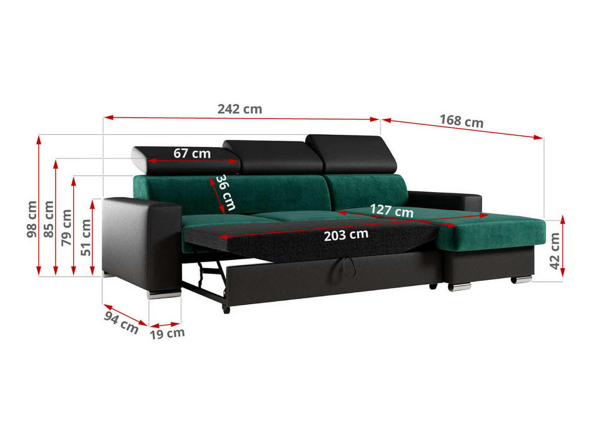 ECKSOFA FOX-L Dunkelgrün/Schwarz - Dunkelgrün/Silberfarben, Kunststoff/Textil (242/168cm) - MKS