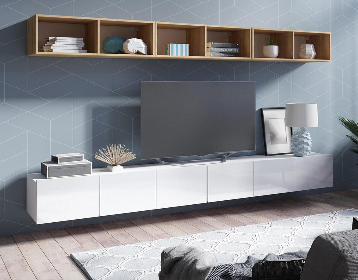 WOHNWAND Kossana 33 Modern Goldene Eiche/Weiß 300/68/43 cm Modern Style - Weiß, Holzwerkstoff/Kunststoff (300/68/43cm) - AX Living