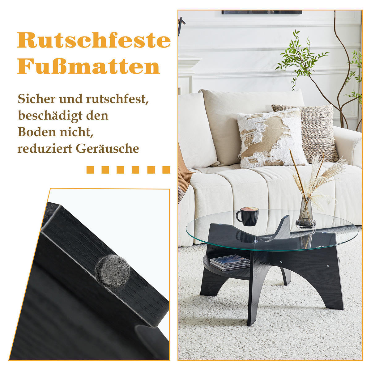 COUCHTISCH 80/80/36 cm Transparent Schwarz aus Sicherheitsglas mit fächerförmigem MDF-Gestell - Schwarz, Holzwerkstoff (80/80/36cm) - OKWISH