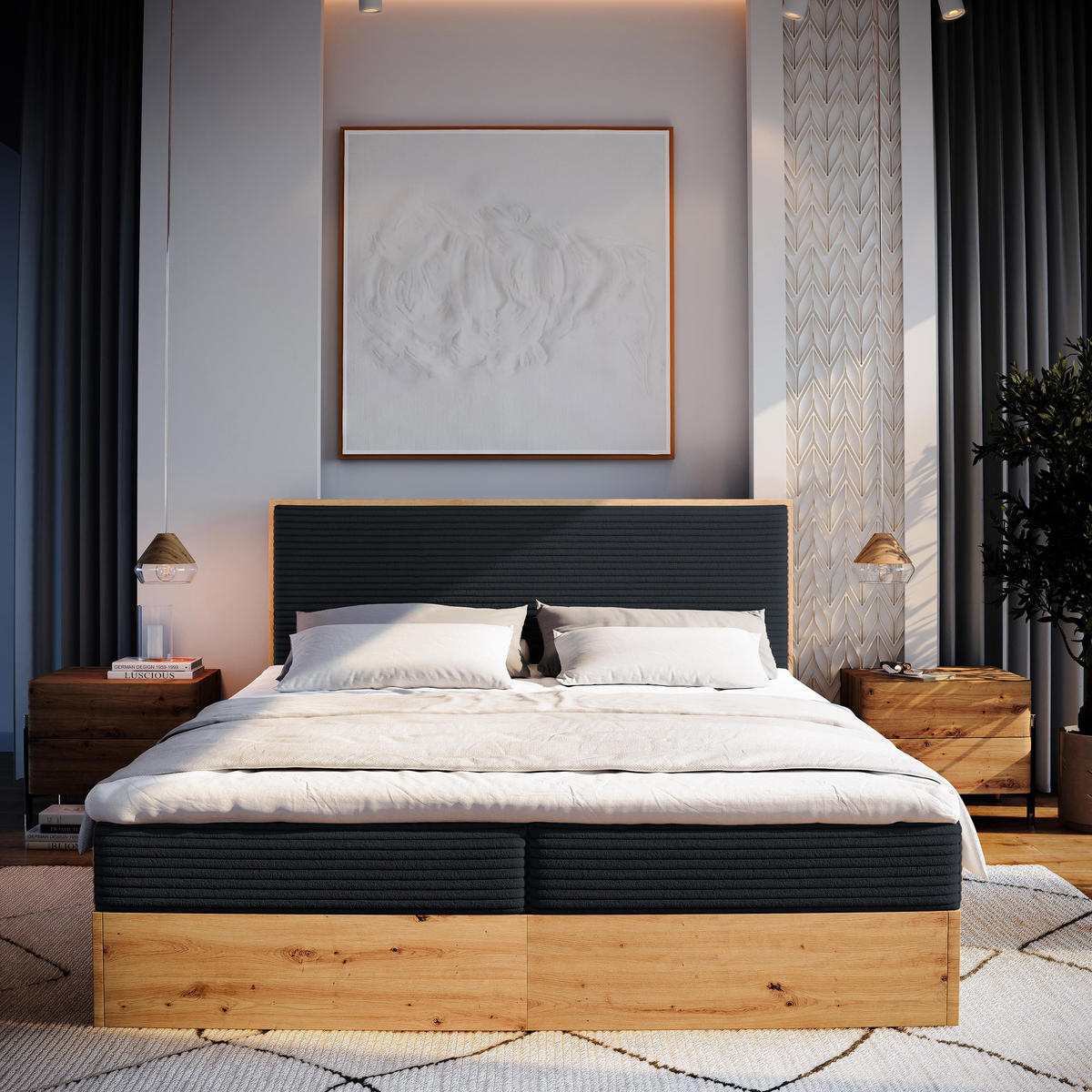 BOXBETT VERDON 180x200 cm mit Matratze und Topper - Schwarz - Schwarz, Holz (180/200cm) - MASSENO