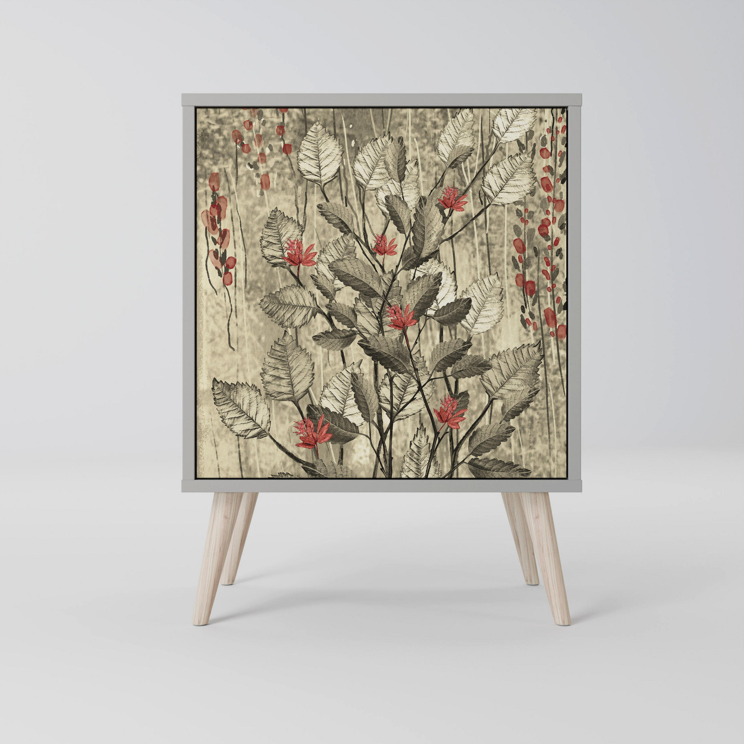 SIDEBOARD HERBAL GRACE, Grau, 57,5x42x77,5 cm, Schräge Buchenholzfüße - Buchefarben/Multicolor, Holzwerkstoff/Buchenholz (57.5/77.5/42cm) - SpaceRebels