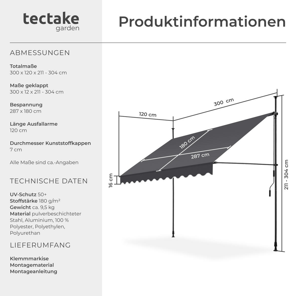 KLEMMMARKISE ,einfache Montage,schwarz/grau - Schwarz/Grau, Kunststoff (300/304/180cm) - tectake