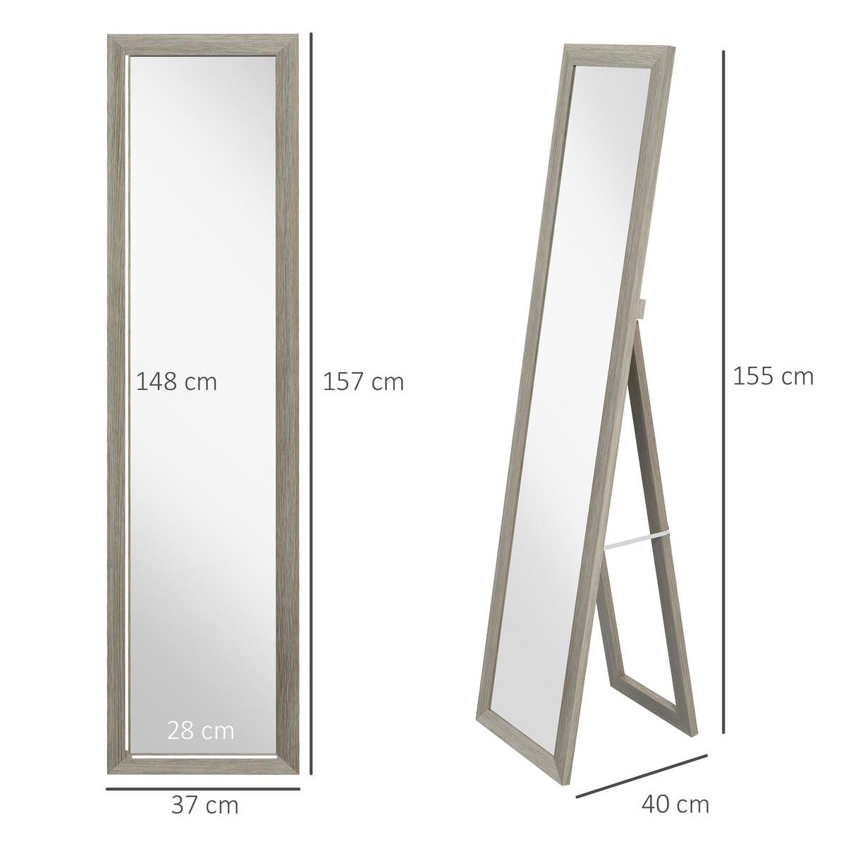 STANDSPIEGEL, Ganzkörperspiegel mit Ständer, freistehender Wandspiegel, Grau - Grau, Glas (40/155/37cm) - HOMCOM