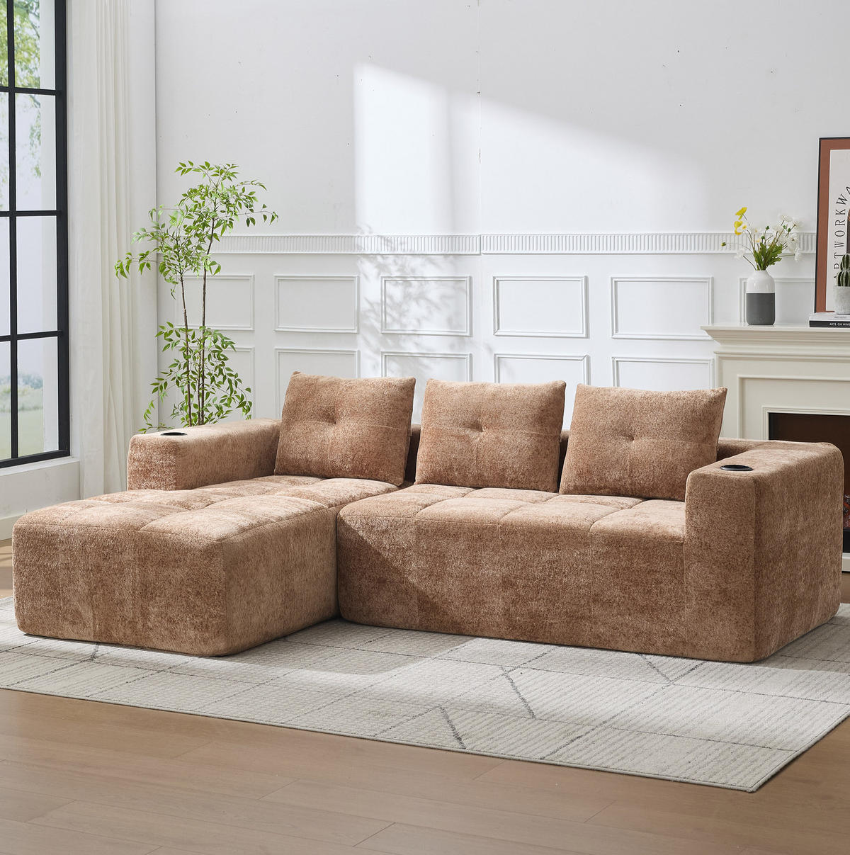 ECKSOFA 258 cm mit Becherhaltern, tiefem Sitzkomfort und Chenille-Bezug, Hellbraun - Hellbraun, Textil (258/163cm) - Redom