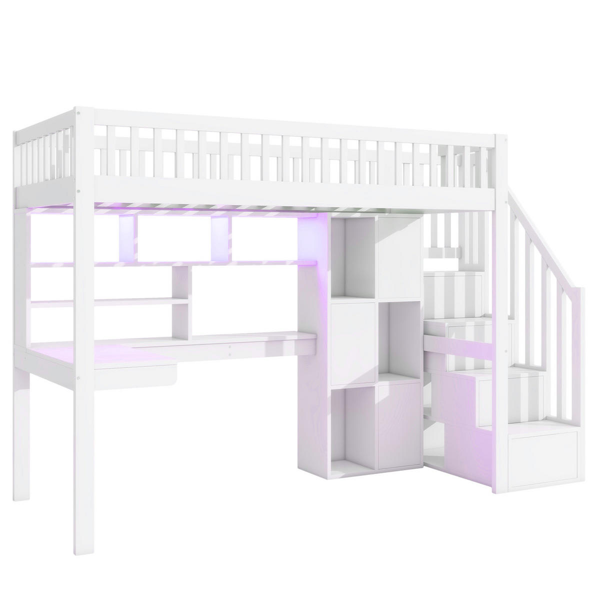 HOCHBETT 90/200 cm mit LED-Beleuchtung, Ablageleiter, Schreibtisch und Regalen, Kiefer/MDF, Weiß - Weiß, Holzwerkstoff (90/200cm) - Redom