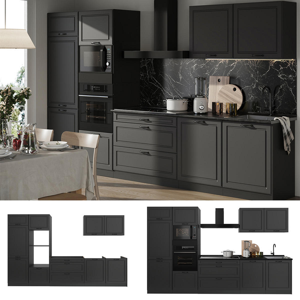 KÜCHENZEILE R-Line, Anthrazit Landhaus/Anthrazit, 340 cm ohne Arbeitsplatte - Anthrazit, Holzwerkstoff (340/206.8/46cm) - Vicco