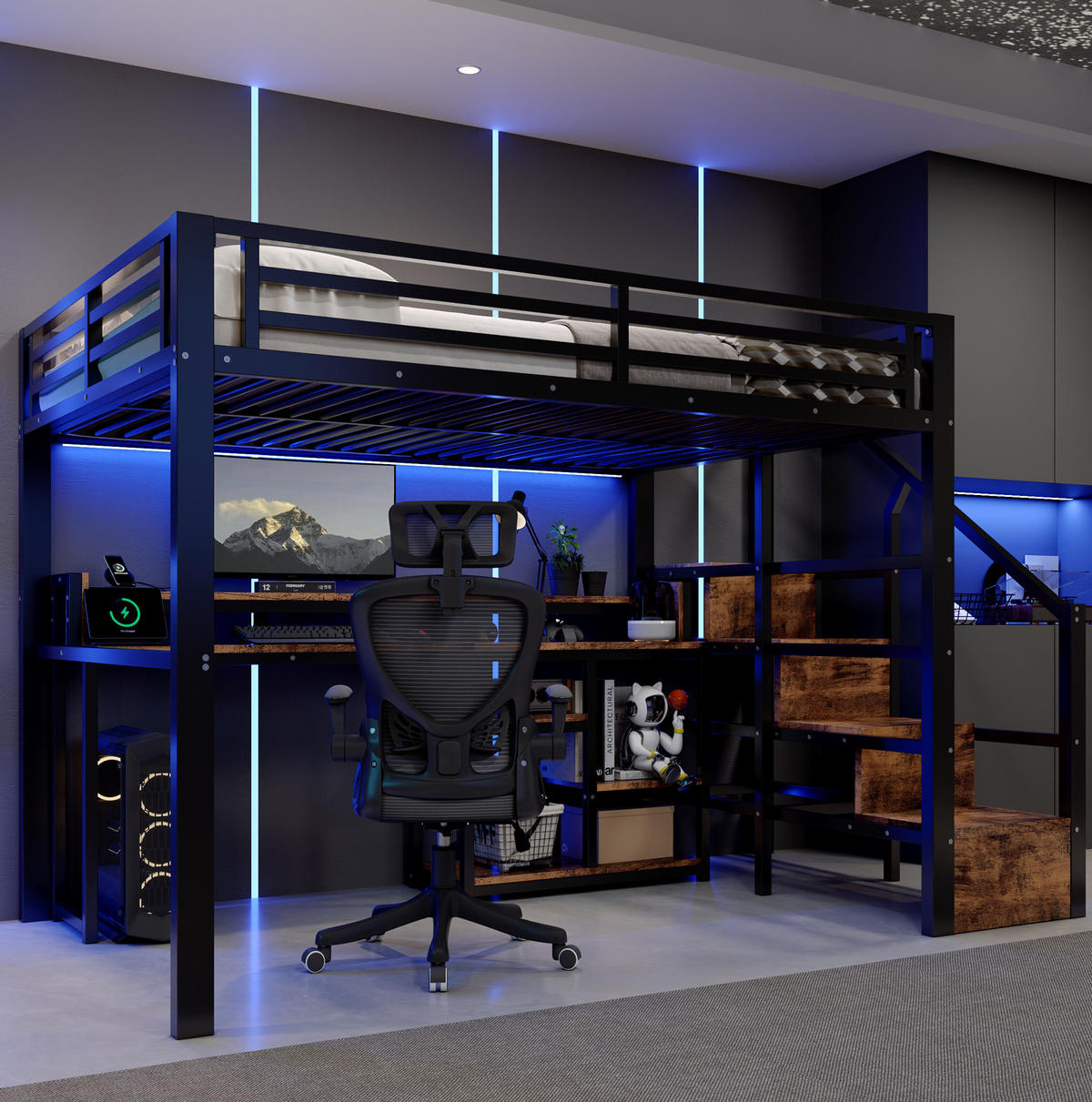 HOCHBETT Metall & MDF 140x200 cm Schwarz mit Leiterschrank, Ablagefach, LED-Lichtleiste & USB/Typ-C - Schwarz, Holzwerkstoff (140/200cm) - Modfu