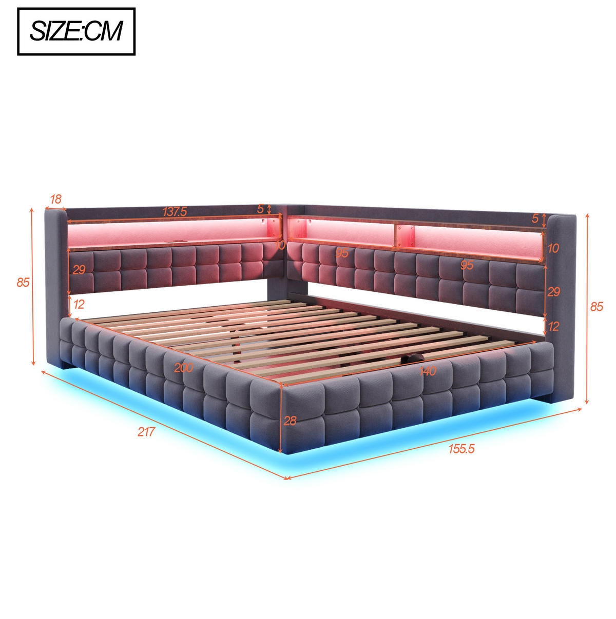 ČALOUNĚNÁ postel 140/200 cm šedá z sametu s úložným prostorem, LED a USB - šedá, textil (140/200cm) - OKWISH