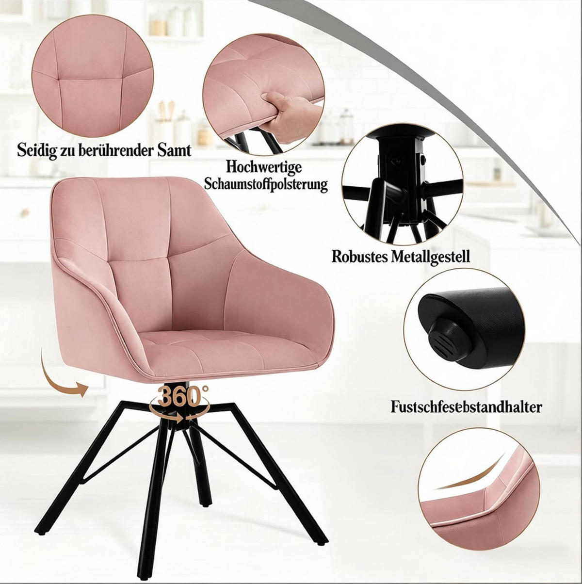 ESSZIMMERSTUHL 2er-Set drehbar Samt Pink - Pink, Metall (54/82.5/57cm) - Meubliv