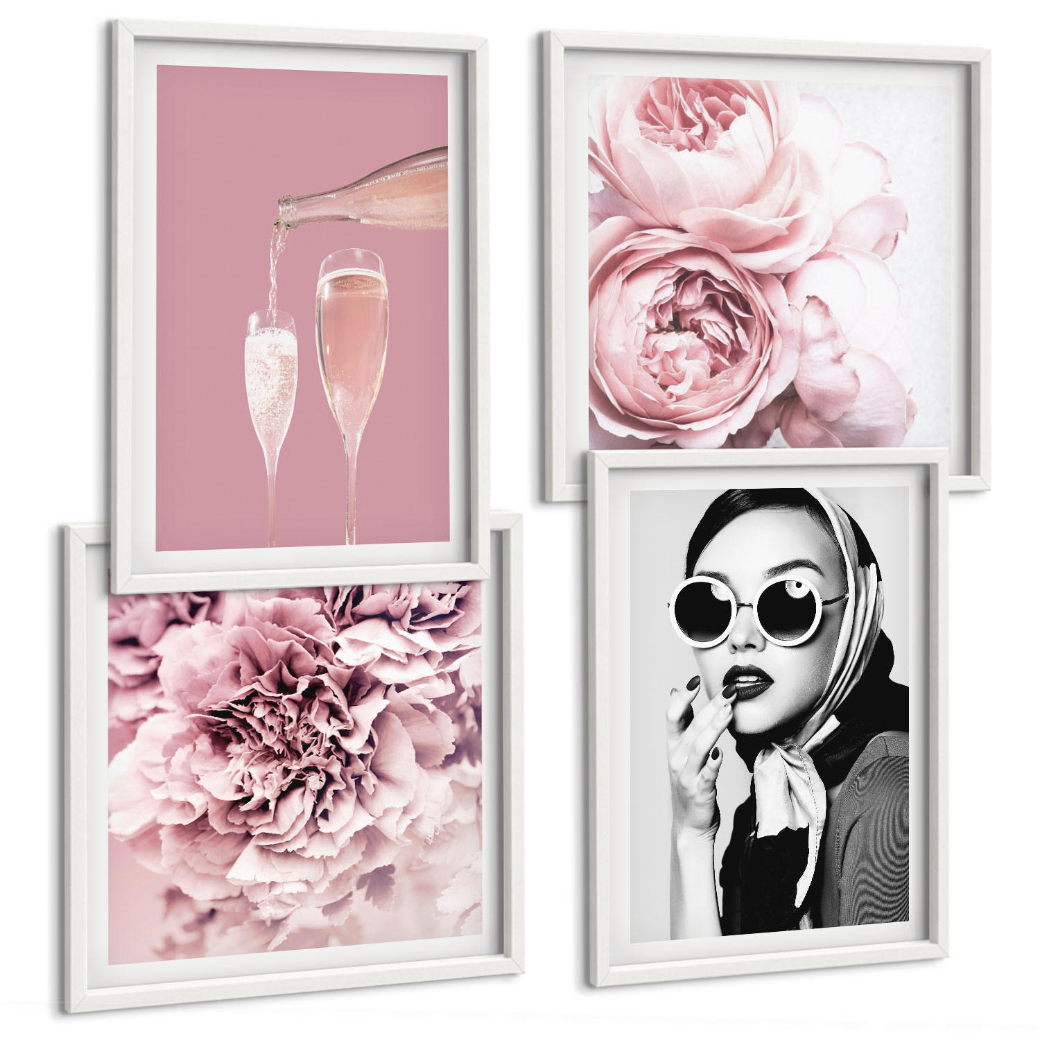 BILDER SET 4er Set - 50x50 cm & 40x60 cm Weißer Rahmen - Blumen, Pfingstrosen, Rosen, Eleganz - Weiß, Kunststoff (50/50cm) - TULUP