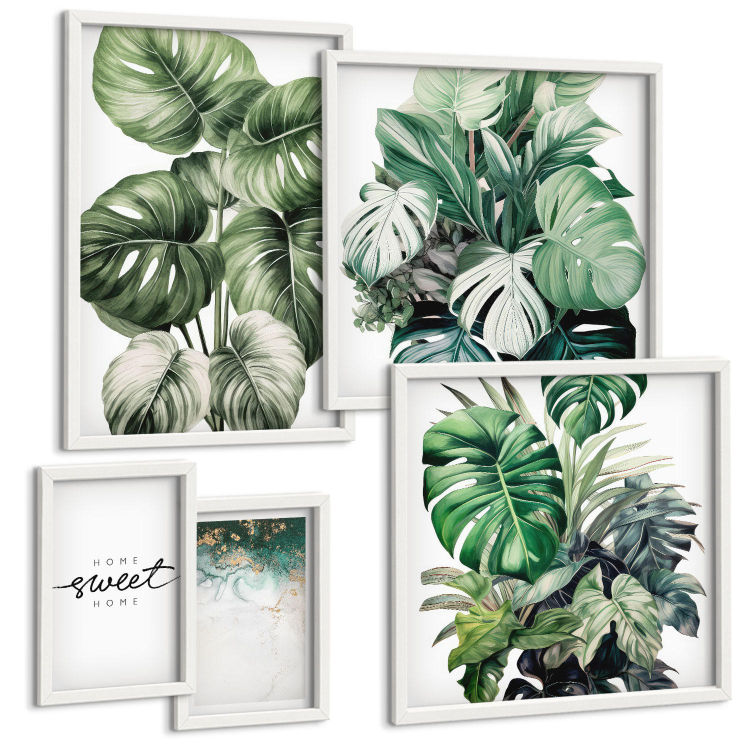 BILDER SET 5er Set - 50x50 cm & 20x30 cm & 40x60 cm Weißer Rahmen - Sweet Home Green Plants - Weiß, Kunststoff (40/60cm) - TULUP