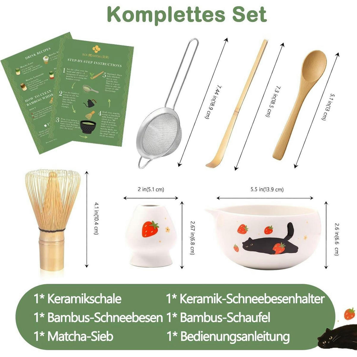 MATCHA Set 5-teiliges Set mit Katzen und Erdbeeren - Weiß, Keramik (13.9/6.6/13.9cm)