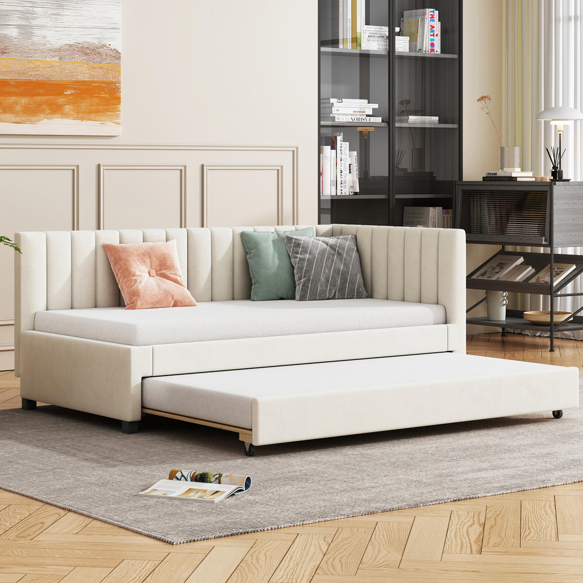 POLSTERBETT 90x200 Beige Samt Ausziehbar - Beige, Textil (90/200cm) - FLIEKS