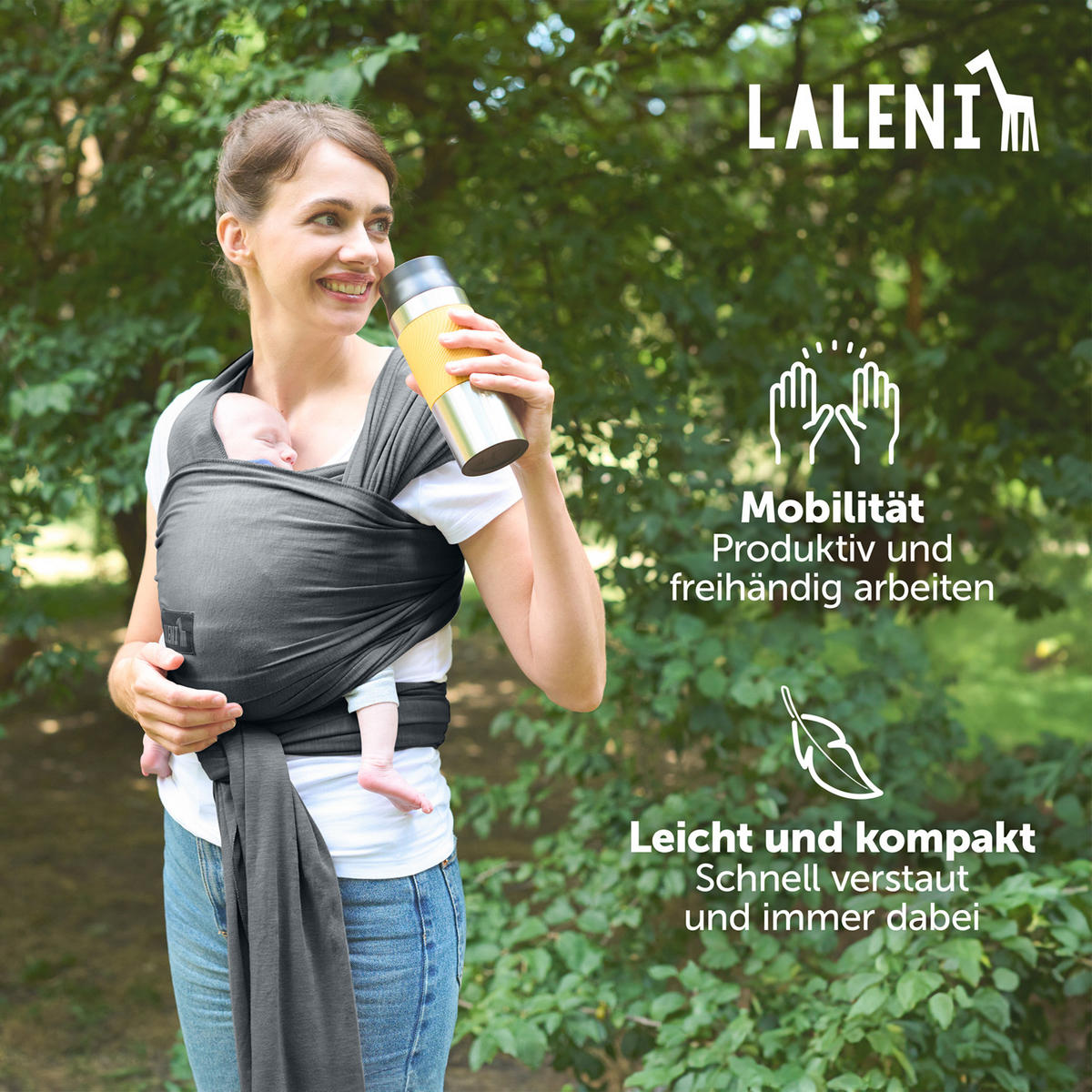 BABYTRAGEN für Neugeborene bis 15 kg - 100% Baumwolle (Ohne Elasthan) - Grau - Grau, Textil (60/5.1cm) - Laleni
