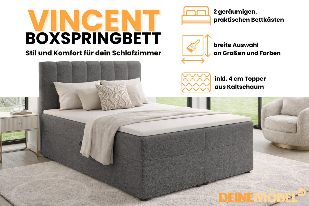BOXBETT VINCENT 120/200 in Boucle Grau H3 - Grau, Holz/Holzwerkstoff (120/200cm) - Deine Möbel 24