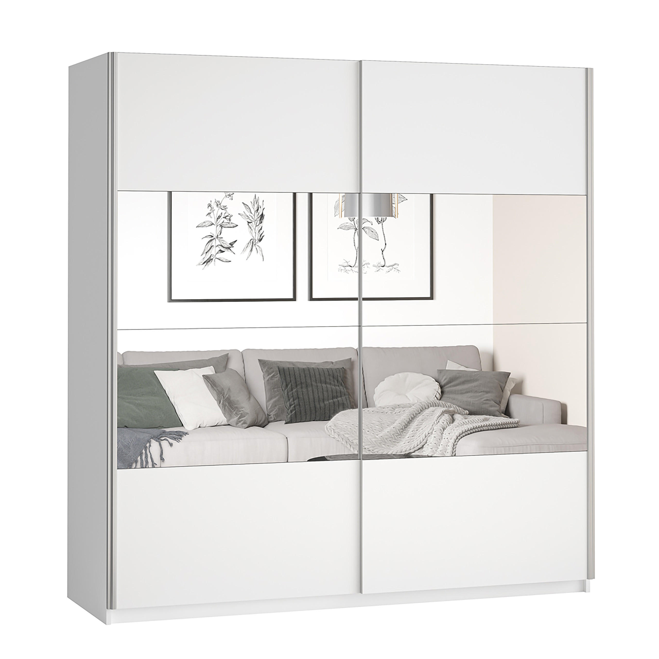 SCHWEBETÜRENSCHRANK BETTINA 180/210/61 cm 2-türig mit Spiegel Weiß - Weiß, Holzwerkstoff (180/210/61cm) - MASSENO