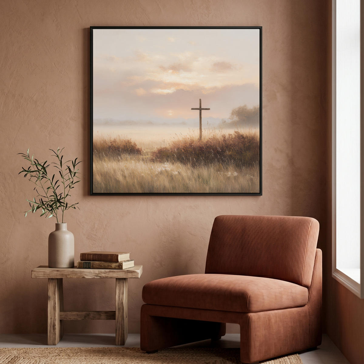 LEINWAND Bilder mit Rahmen - Gras - Morgennebel - Kreuz - Christentum - 90x90 - Beige, Textil (90/90cm) - MuchoWow
