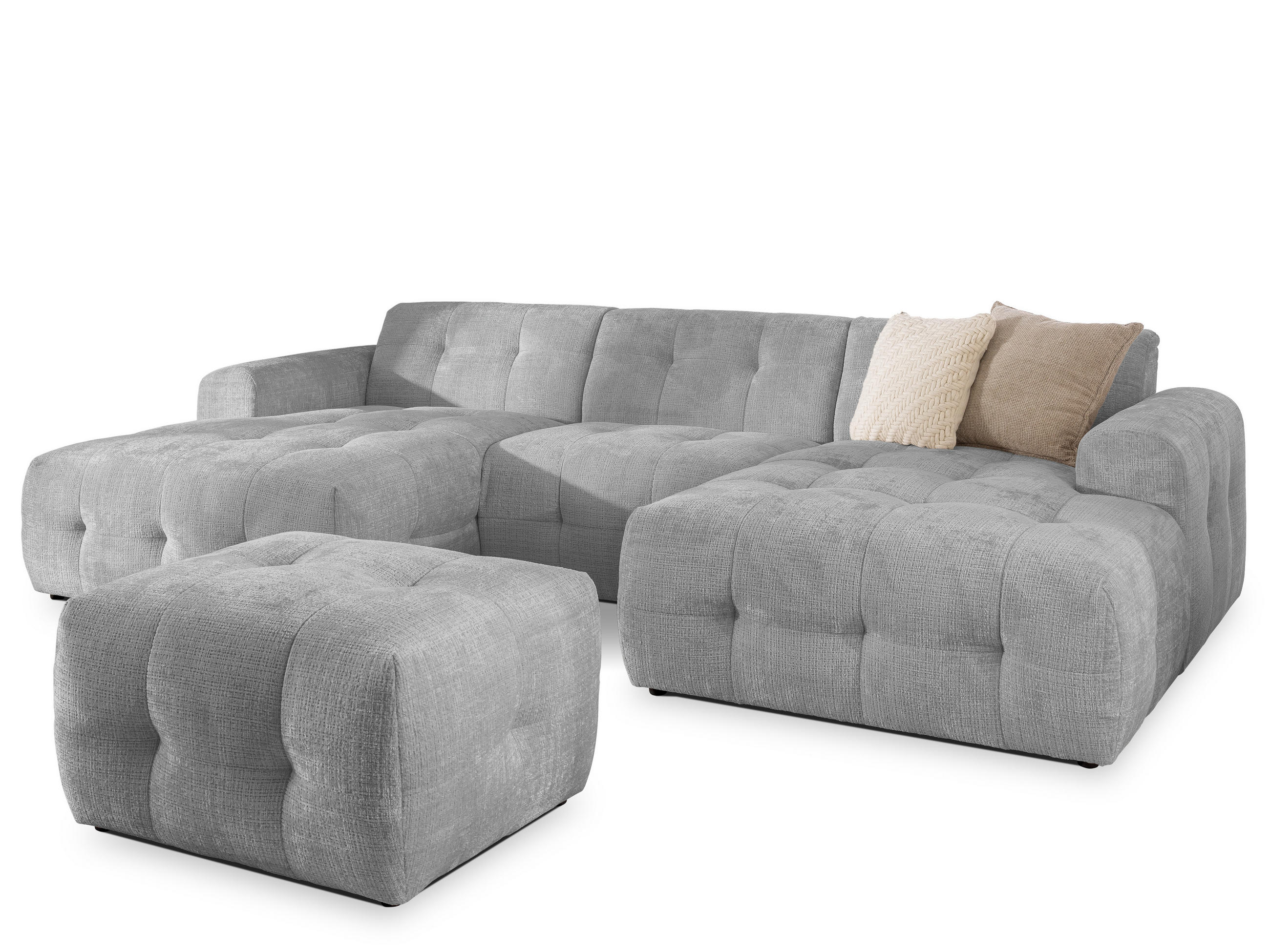 WOHNLANDSCHAFT inkl. Hocker Kozy im Bumpy-Design mit Schlaffunktion und fester Rückenlehne aus weichem Hellgrau Chenille-Stoff - Hellgrau/Schwarz, Holz/Kunststoff (323/79/161cm) - S-Style Möbel