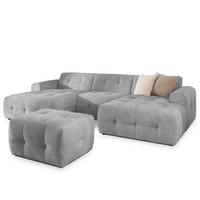 WOHNLANDSCHAFT inkl. Hocker Kozy im Bumpy-Design mit Schlaffunktion und fester Rückenlehne aus weichem Hellgrau Chenille-Stoff - Hellgrau/Schwarz, Holz/Kunststoff (323/79/161cm) - S-Style Möbel