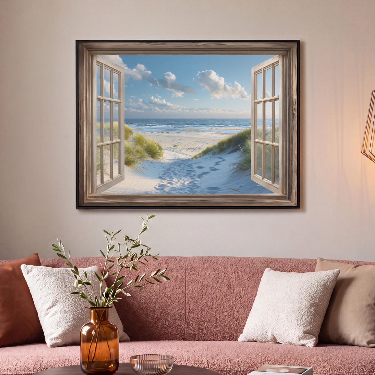 LEINWAND Bilder mit Rahmen - Aussicht - Strand - Fenster - Dünen - Meer - 100x70 - Hellblau, Textil (100/70cm) - MuchoWow