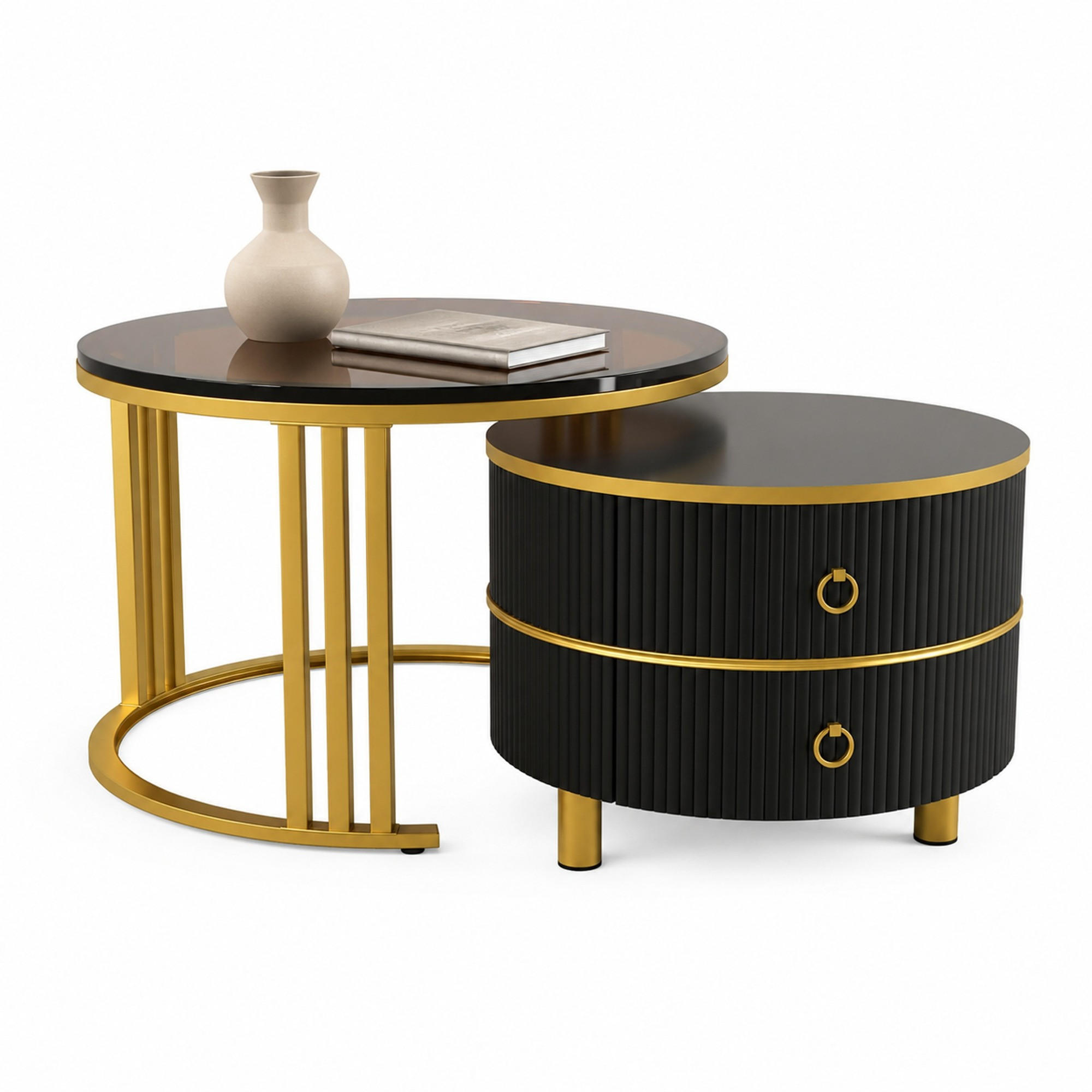 COUCHTISCH-SET aus MDF, Tannenholz und Glas 70x70x45/50x50x40 cm Schwarz-Gold mit 2 Schubladen - Schwarz, Holzwerkstoff (70/70/45cm) - IVMEU